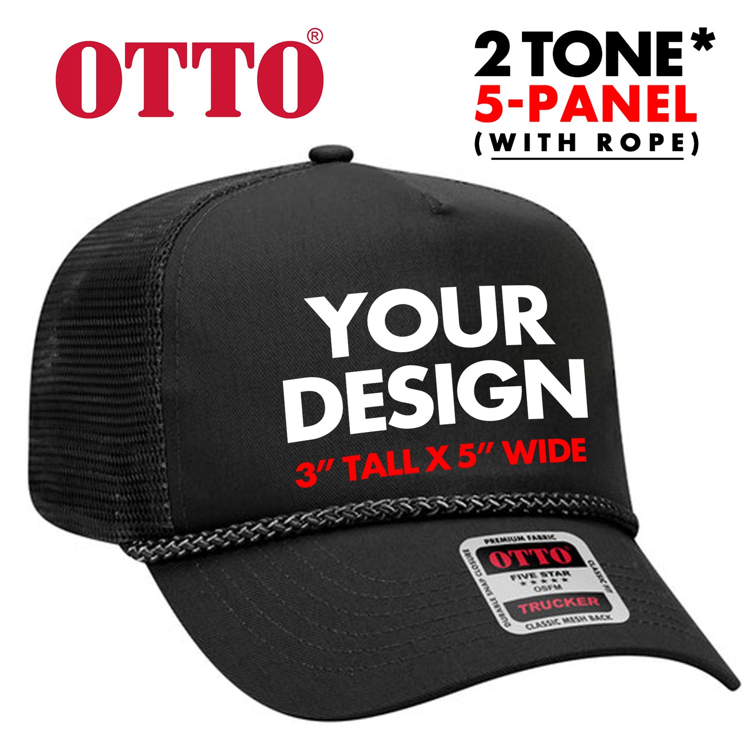 *Custom Printed* OTTO 5 Panel Hat (With Rope & Mesh Back)