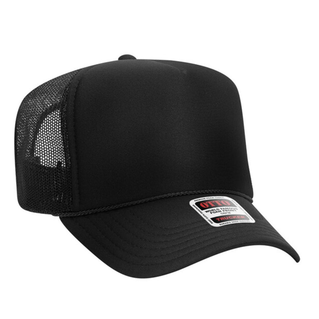 Black mesh cap with a brand label on a white background